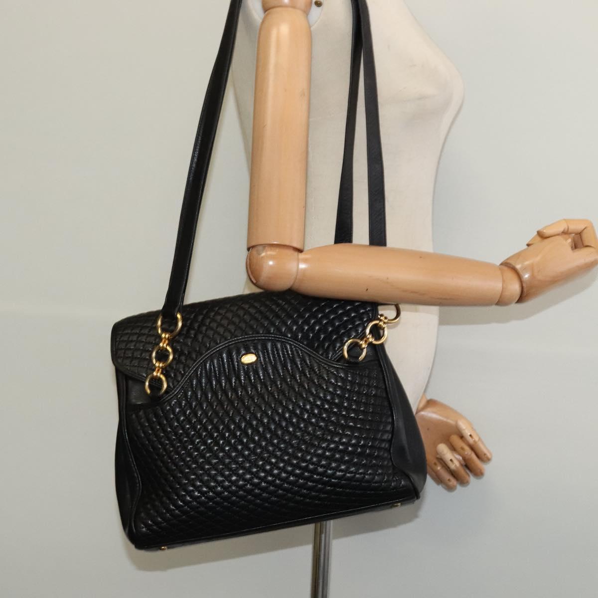 BALLY Quilted Chain Shoulder Bag Leather Black Gold Auth BA4040