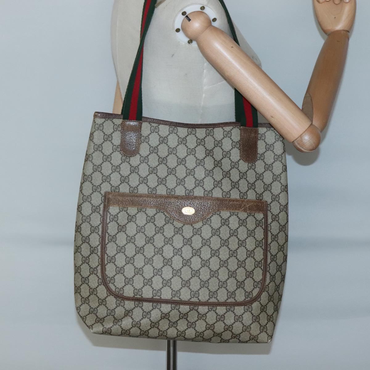 GUCCI GG Supreme Web Sherry Line Tote Bag PVC Beige Gold 16 002 4487 Auth BA4055