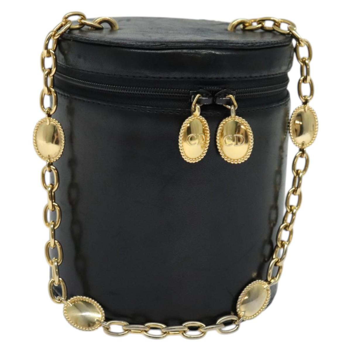 Christian Dior Chain Vanity Pouch Leather Black Gold Auth BA4097