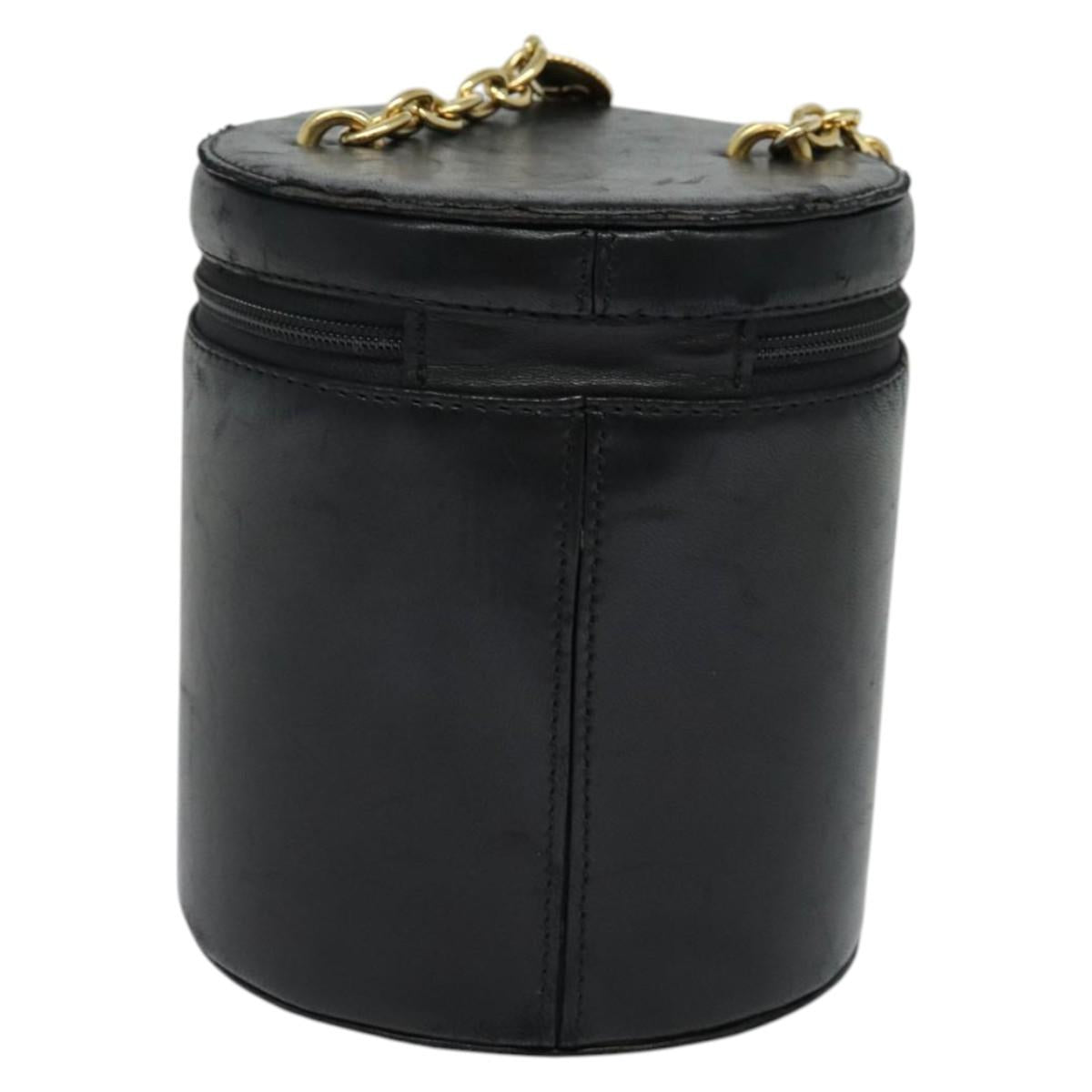 Christian Dior Chain Vanity Pouch Leather Black Gold Auth BA4097