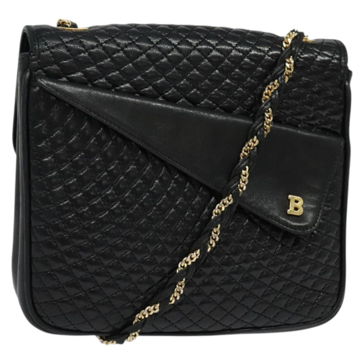 BALLY Quilted Shoulder Bag Leather Black Gold Auth BA4098