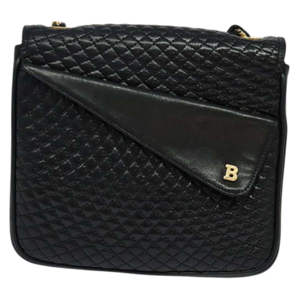 BALLY Quilted Shoulder Bag Leather Black Gold Auth BA4098
