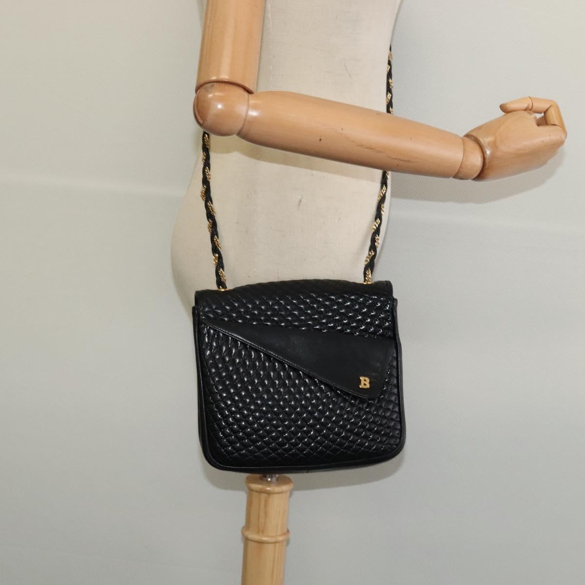 BALLY Quilted Shoulder Bag Leather Black Gold Auth BA4098