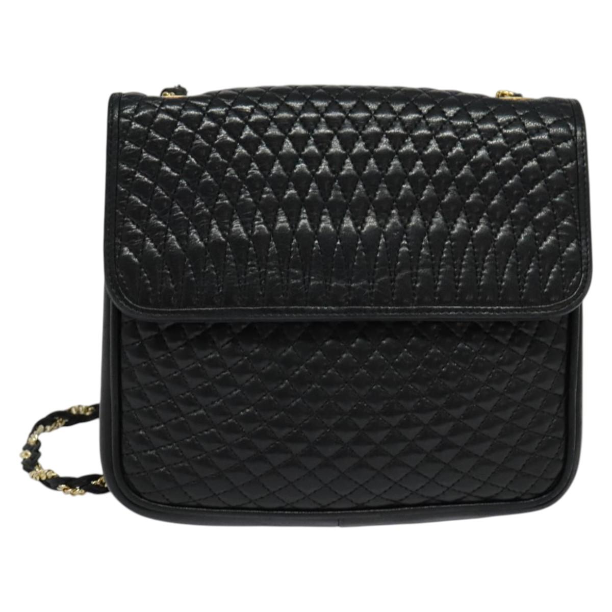 BALLY Quilted Shoulder Bag Leather Black Gold Auth BA4098