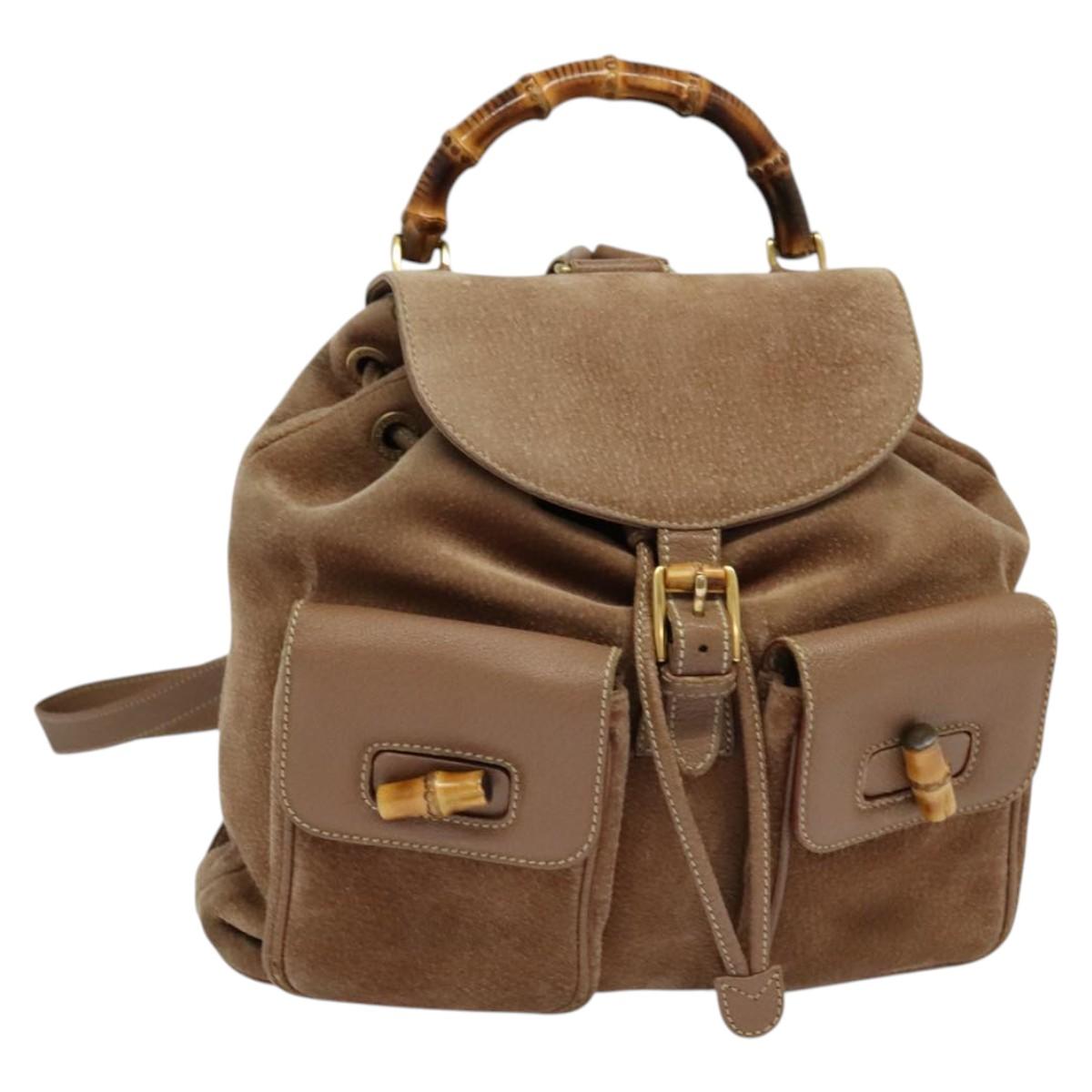 GUCCI Bamboo Backpack Suede Brown Gold 003 2058 0016 Auth BA4131