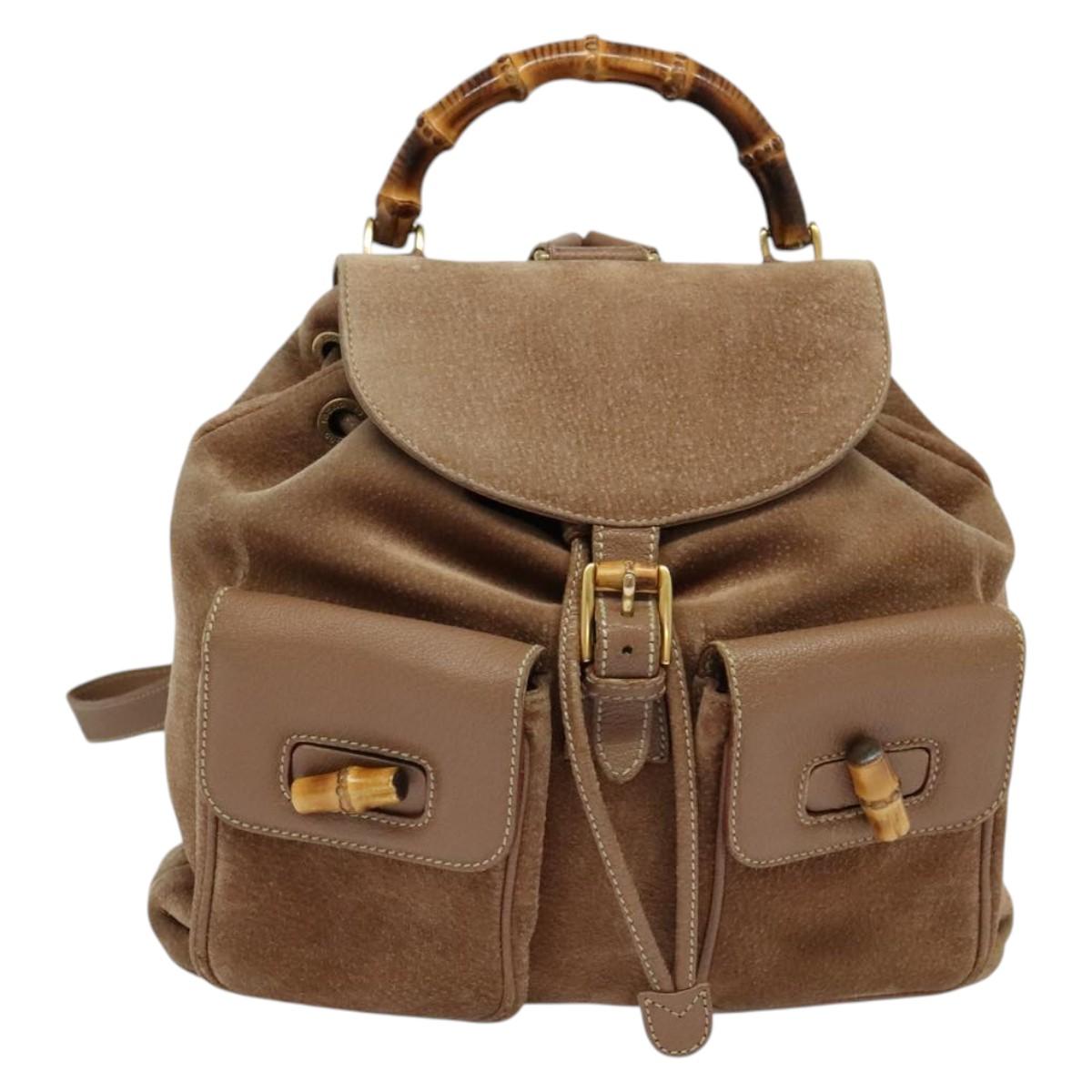 GUCCI Bamboo Backpack Suede Brown Gold 003 2058 0016 Auth BA4131
