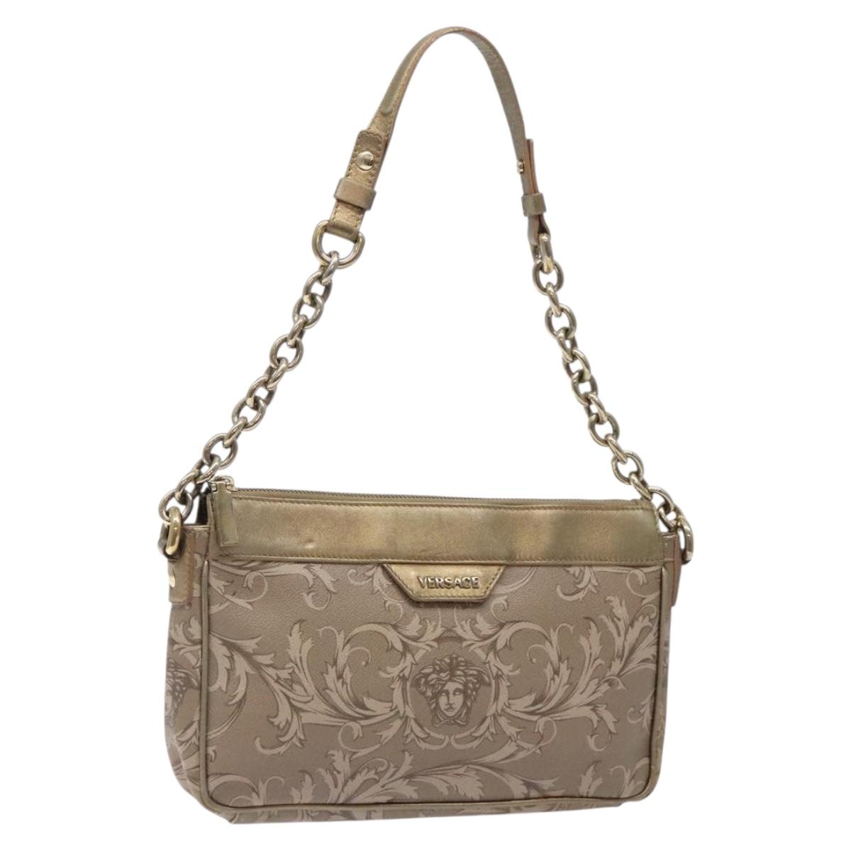 VERSACE Chain Shoulder Bag PVC Canvas Beige Gold Auth BA4156
