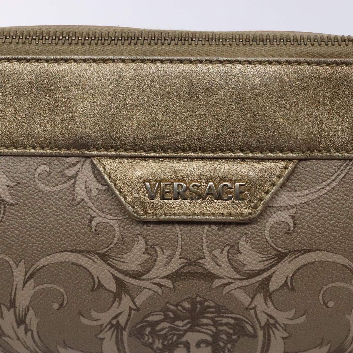 VERSACE Chain Shoulder Bag PVC Canvas Beige Gold Auth BA4156
