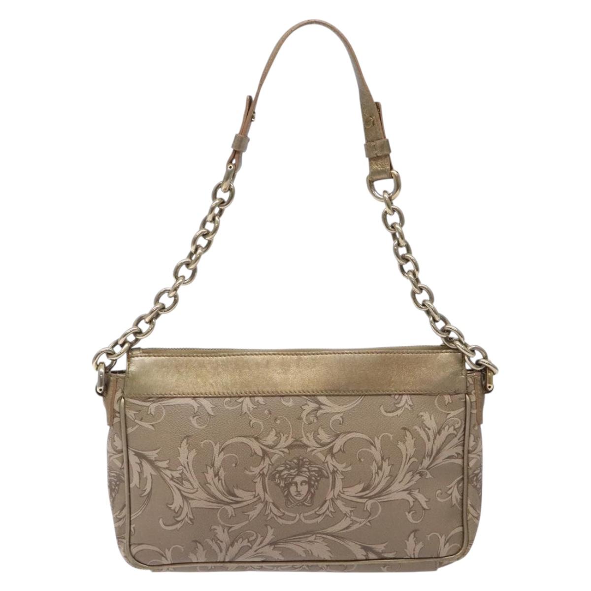 VERSACE Chain Shoulder Bag PVC Canvas Beige Gold Auth BA4156
