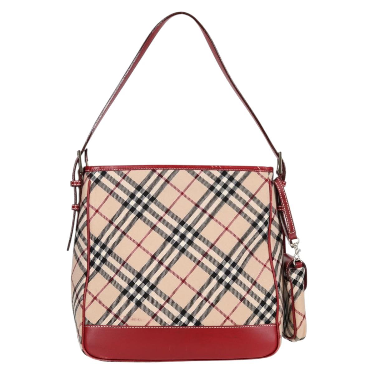 BURBERRY Nova Check Blue Label Shoulder Bag Canvas Beige Silver Auth BA4179