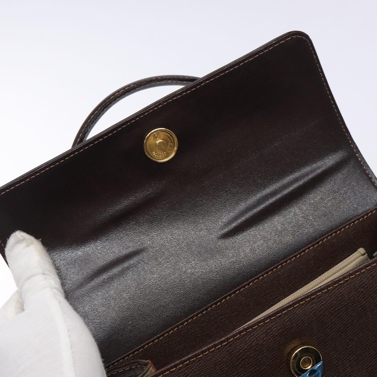 Burberrys Hand Bag Leather Dark Brown Gold Auth BA4181