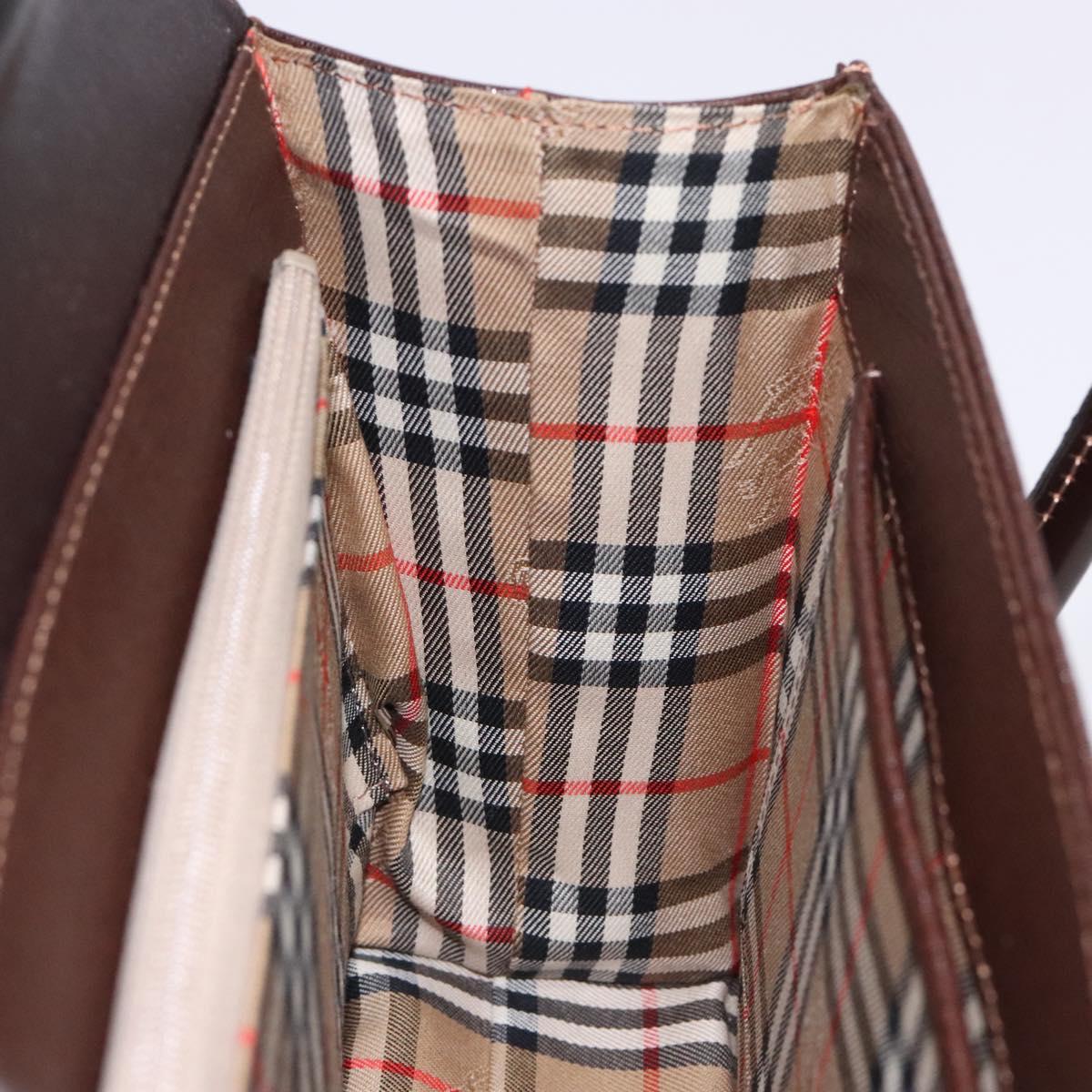 Burberrys Hand Bag Leather Dark Brown Gold Auth BA4181