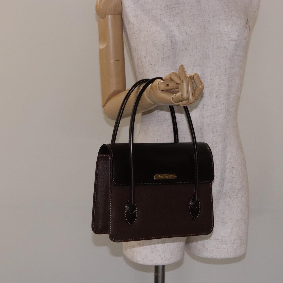 Burberrys Hand Bag Leather Dark Brown Gold Auth BA4181