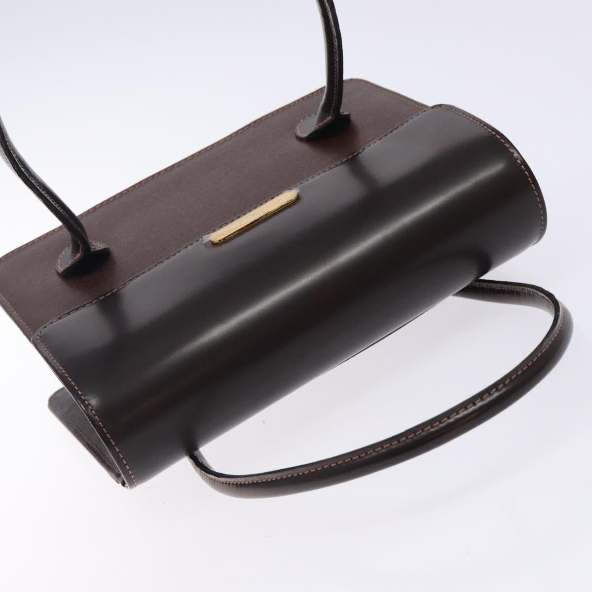 Burberrys Hand Bag Leather Dark Brown Gold Auth BA4181