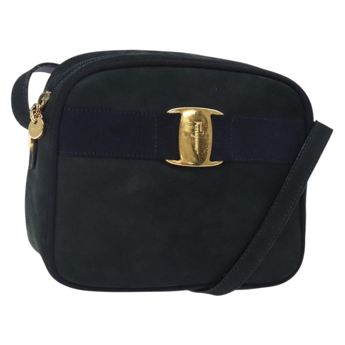 Salvatore Ferragamo Vala Shoulder Bag Suede Navy Gold Auth BA4188