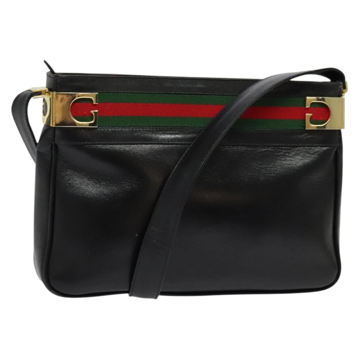 GUCCI Web Sherry Line Shoulder Bag Leather Black Gold Auth BA4189
