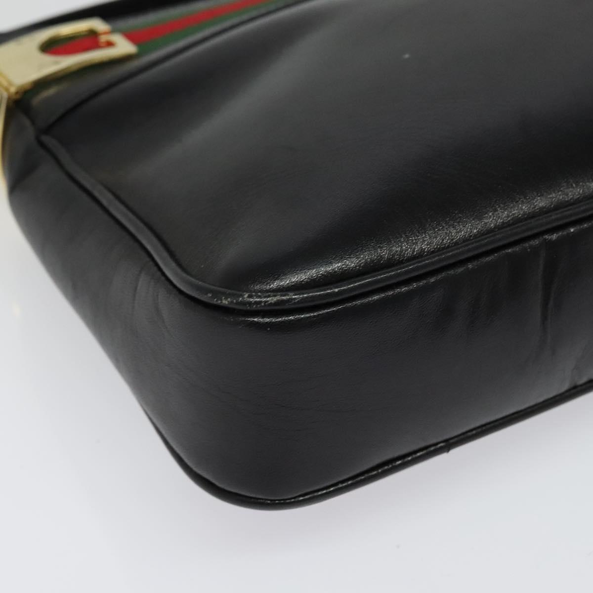 GUCCI Web Sherry Line Shoulder Bag Leather Black Gold Auth BA4189