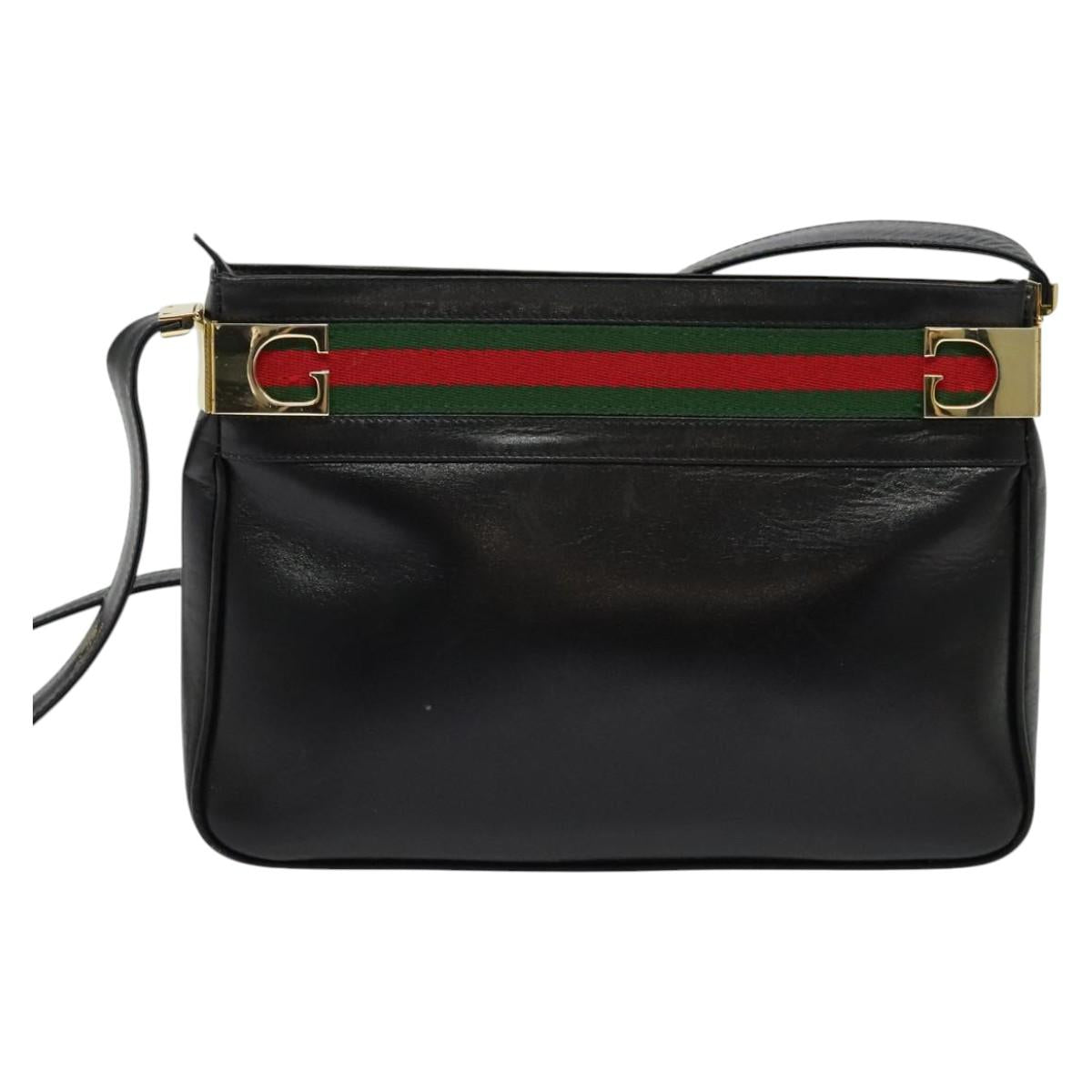 GUCCI Web Sherry Line Shoulder Bag Leather Black Gold Auth BA4189