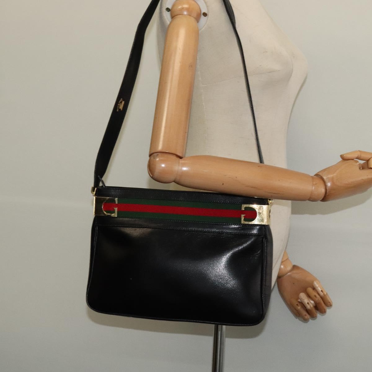 GUCCI Web Sherry Line Shoulder Bag Leather Black Gold Auth BA4189