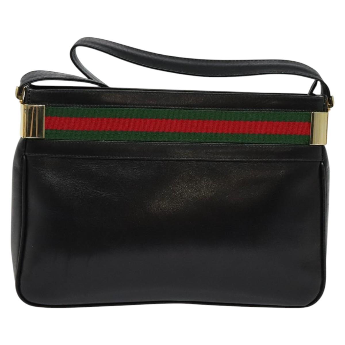 GUCCI Web Sherry Line Shoulder Bag Leather Black Gold Auth BA4189
