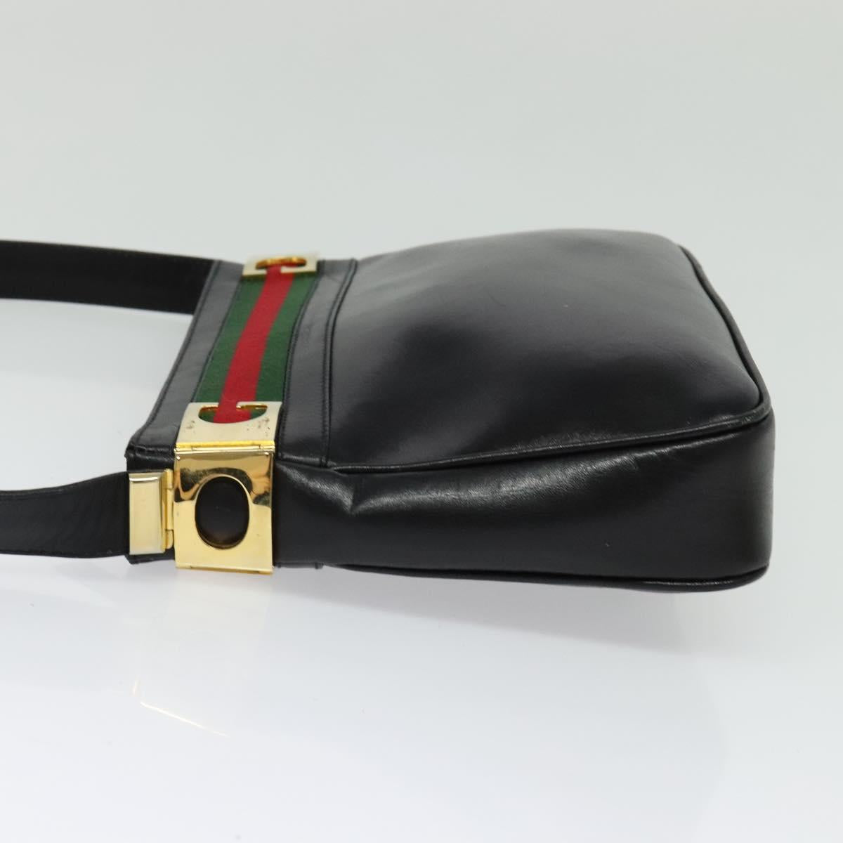 GUCCI Web Sherry Line Shoulder Bag Leather Black Gold Auth BA4189
