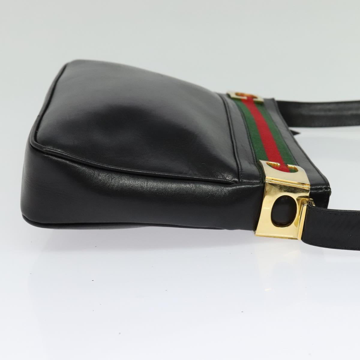 GUCCI Web Sherry Line Shoulder Bag Leather Black Gold Auth BA4189