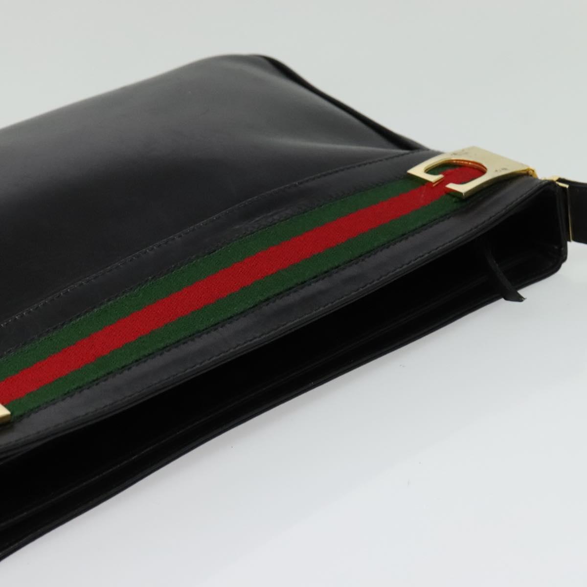 GUCCI Web Sherry Line Shoulder Bag Leather Black Gold Auth BA4189