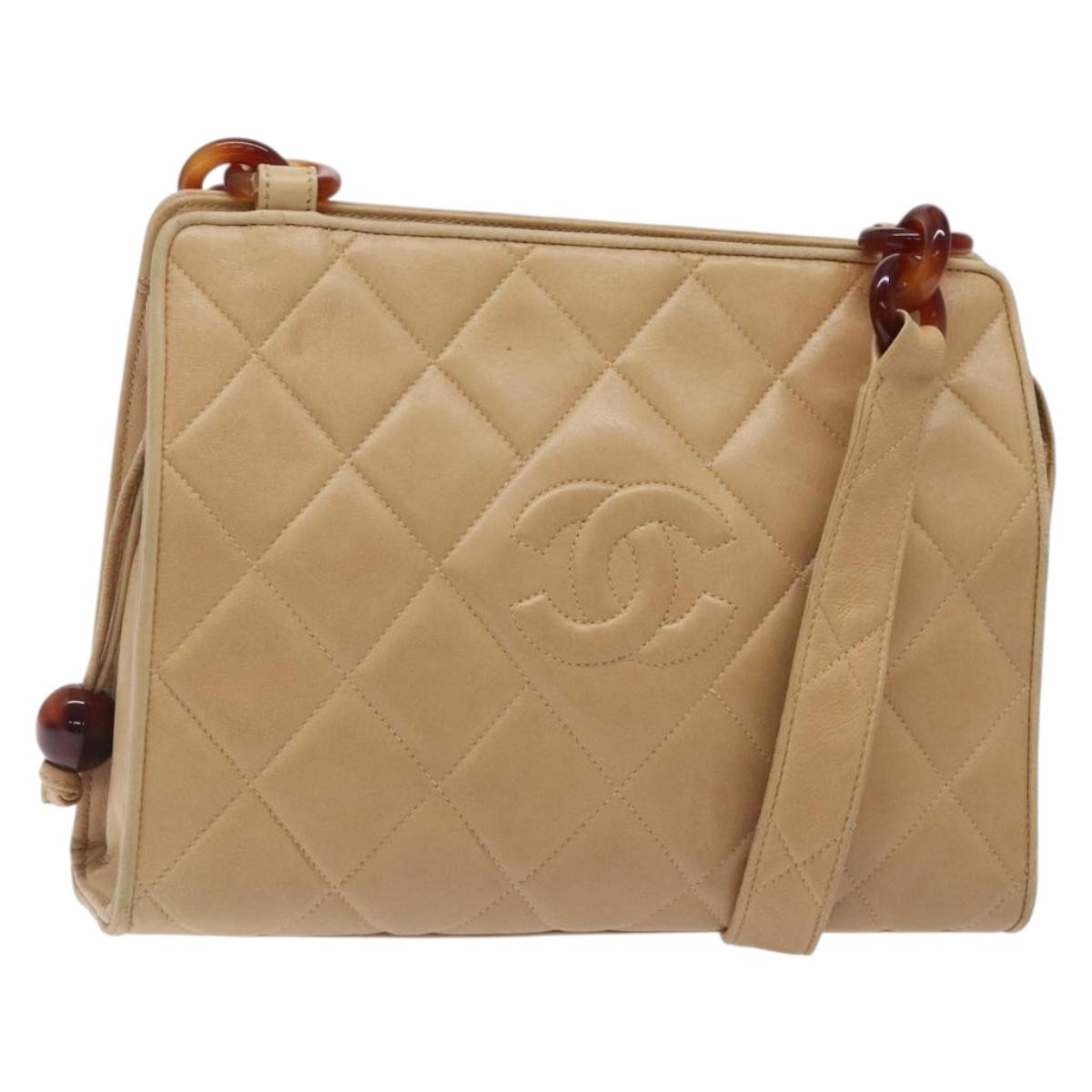 CHANEL Matelasse COCO Mark Chain Shoulder Bag Lamb Skin Beige CC Auth BA4210