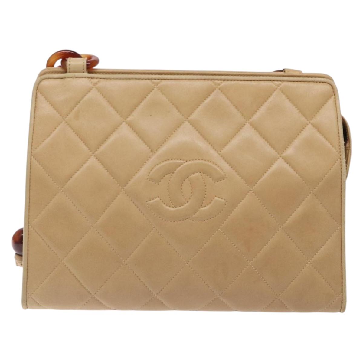 CHANEL Matelasse COCO Mark Chain Shoulder Bag Lamb Skin Beige CC Auth BA4210