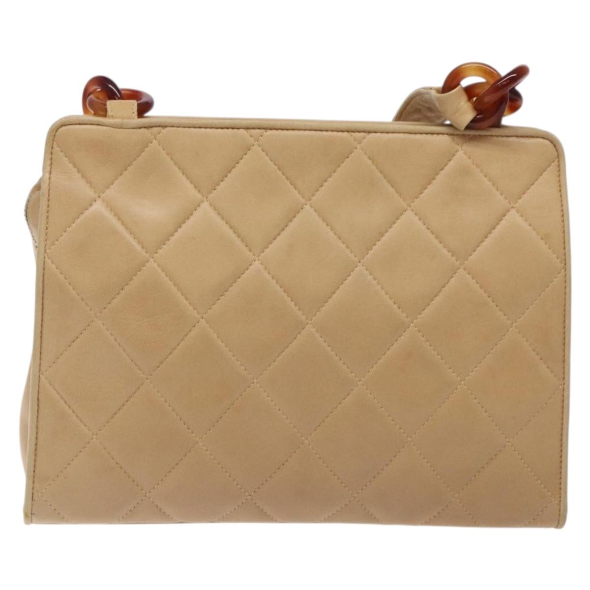 CHANEL Matelasse COCO Mark Chain Shoulder Bag Lamb Skin Beige CC Auth BA4210