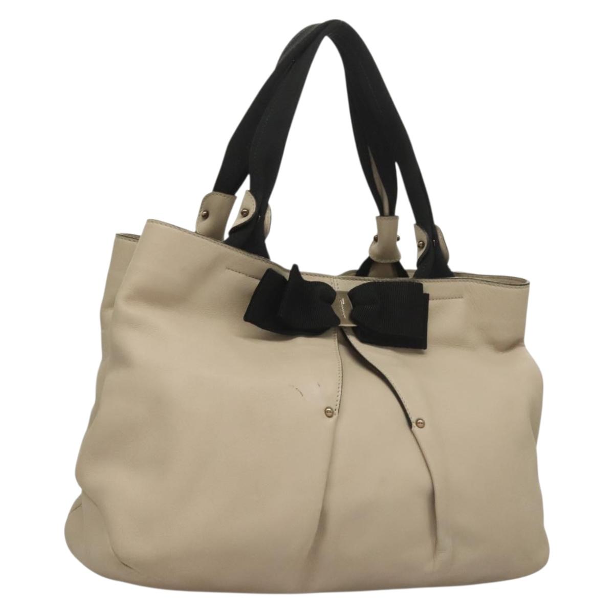 Salvatore Ferragamo Vala Tote Bag Leather Beige Silver Auth BA4217