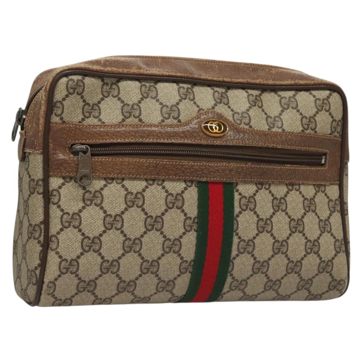 GUCCI GG Supreme Web Sherry Line Bag PVC Beige Gold 378 02 005 Auth BA4264
