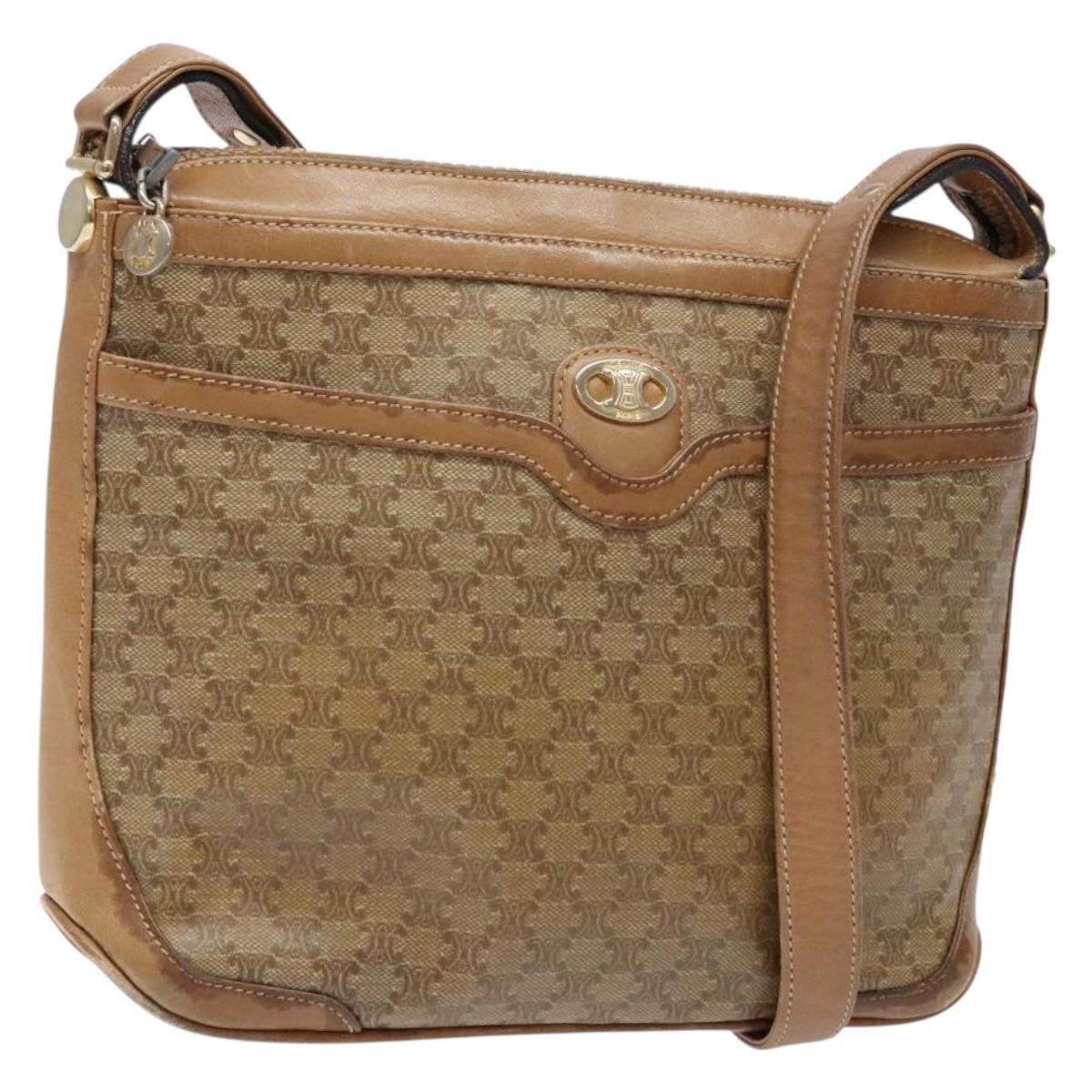 CELINE Macadam Canvas Shoulder Bag PVC Beige Gold Auth BA4269