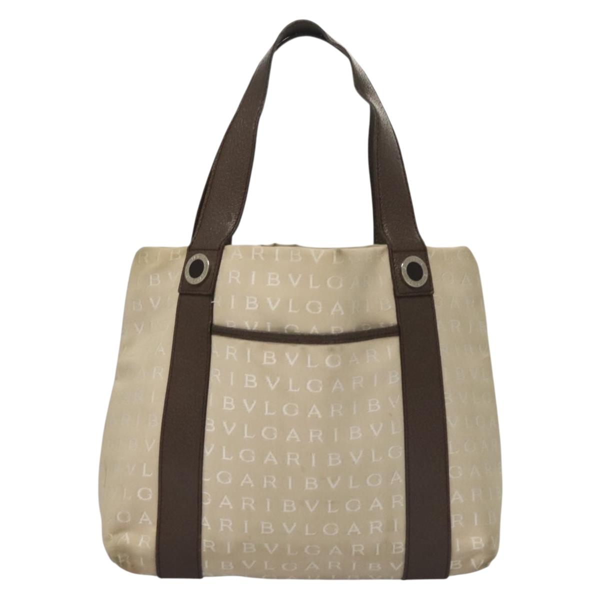 BVLGARI Logo Mania Tote Bag Canvas Beige Silver Auth BA4270