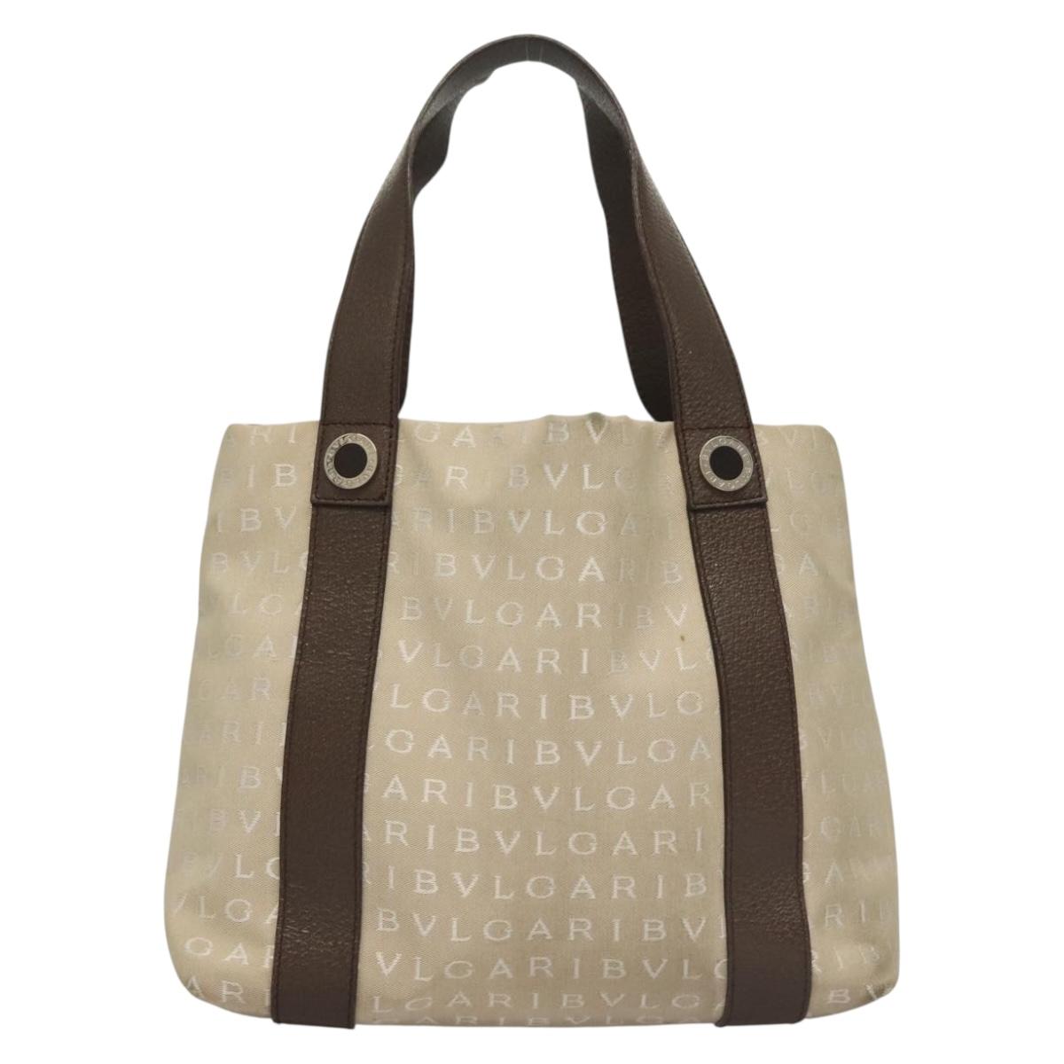 BVLGARI Logo Mania Tote Bag Canvas Beige Silver Auth BA4270