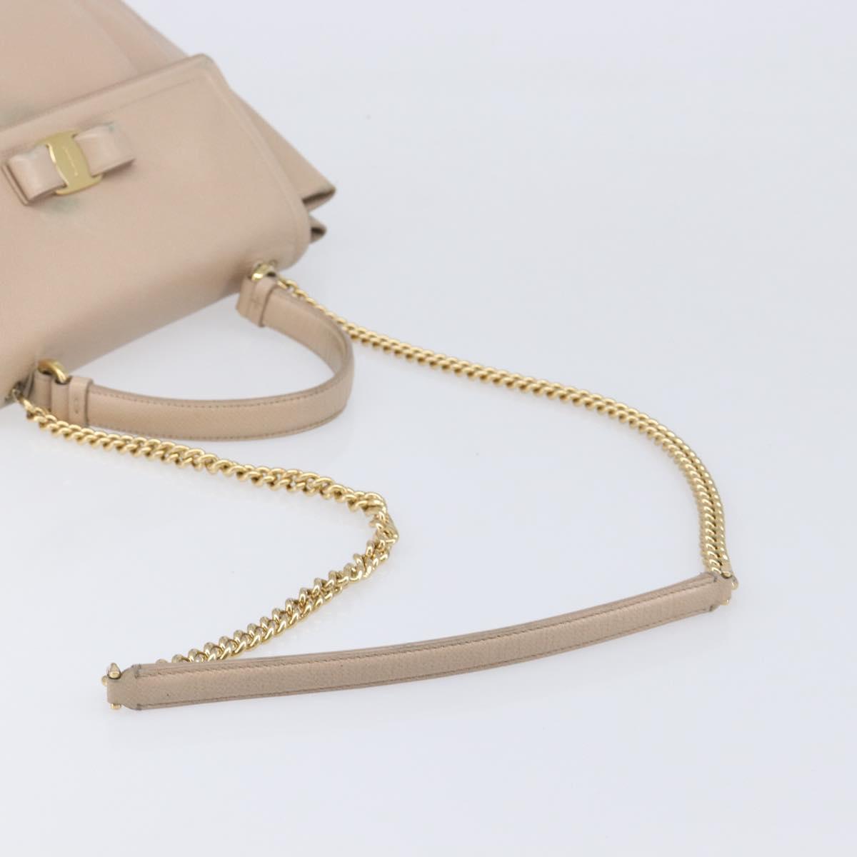 Salvatore Ferragamo Vala Hand Bag Leather 2way Beige Gold Auth BA4303