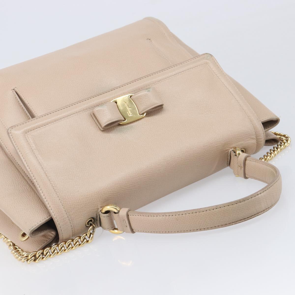 Salvatore Ferragamo Vala Hand Bag Leather 2way Beige Gold Auth BA4303