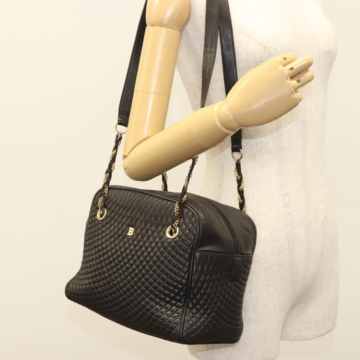 BALLY Quilted Chain Shoulder Bag Leather Dark Brown Gold Auth BA4325