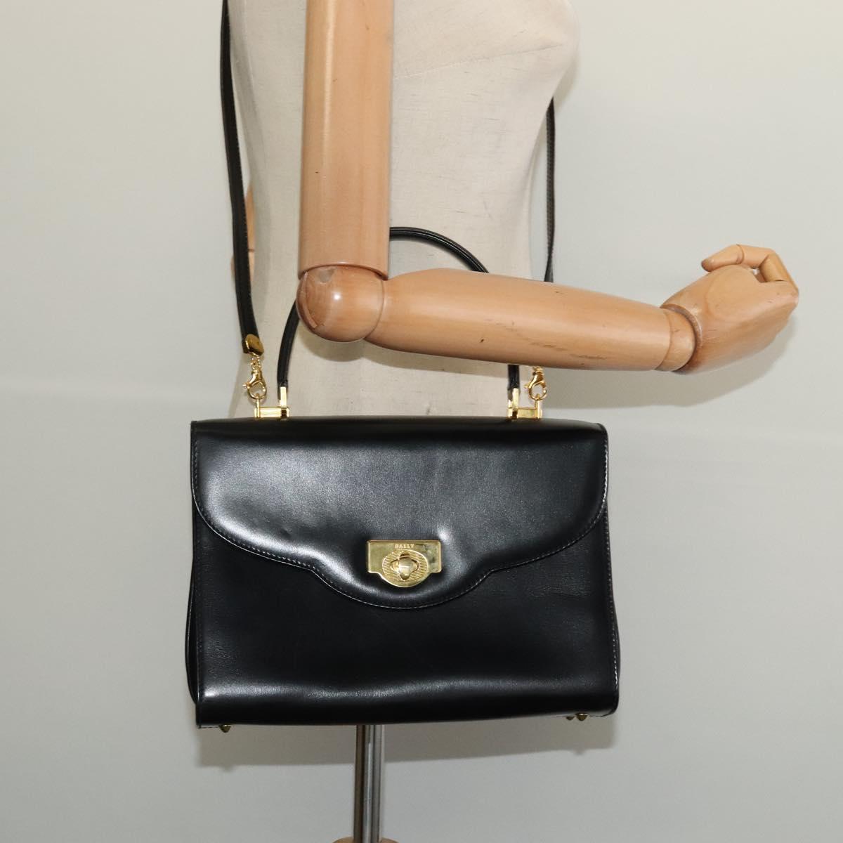 BALLY Hand Bag Leather 2way Black Gold Auth BA4327