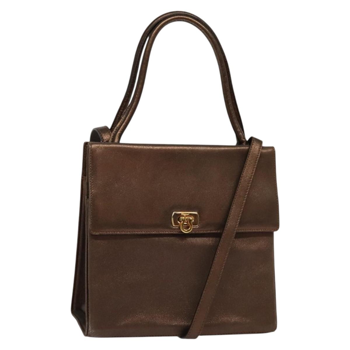 Salvatore Ferragamo Gancini Hand Bag Leather 2way Bronze Gold Auth BA4340
