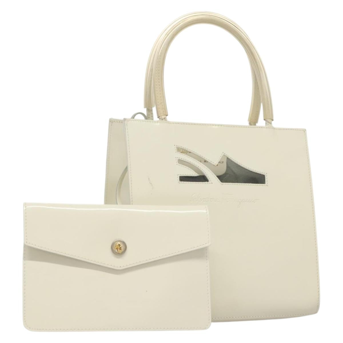 Salvatore Ferragamo Hand Bag Patent leather White Gold Auth BA4344