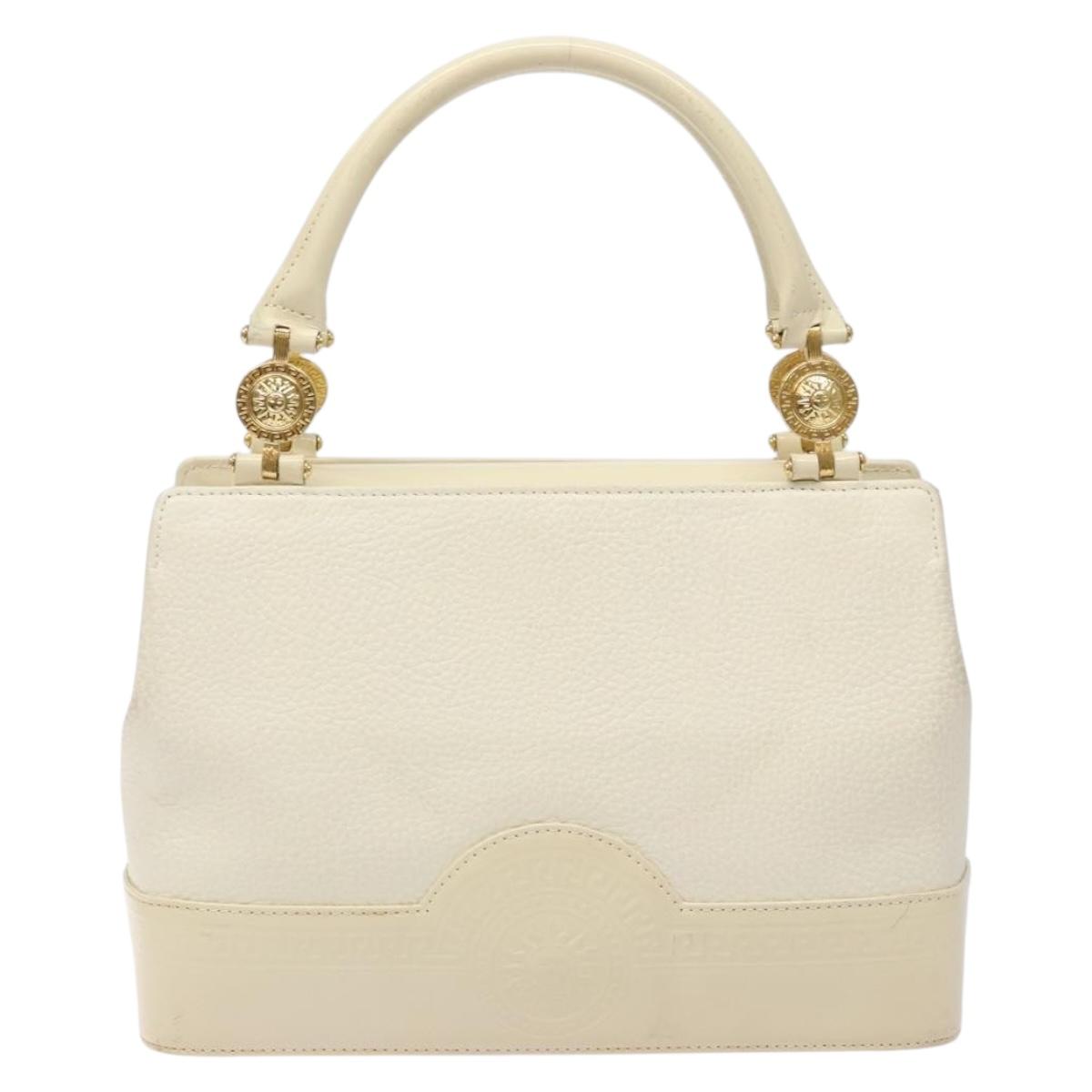 Gianni Versace Hand Bag Leather White Gold Auth BA4370