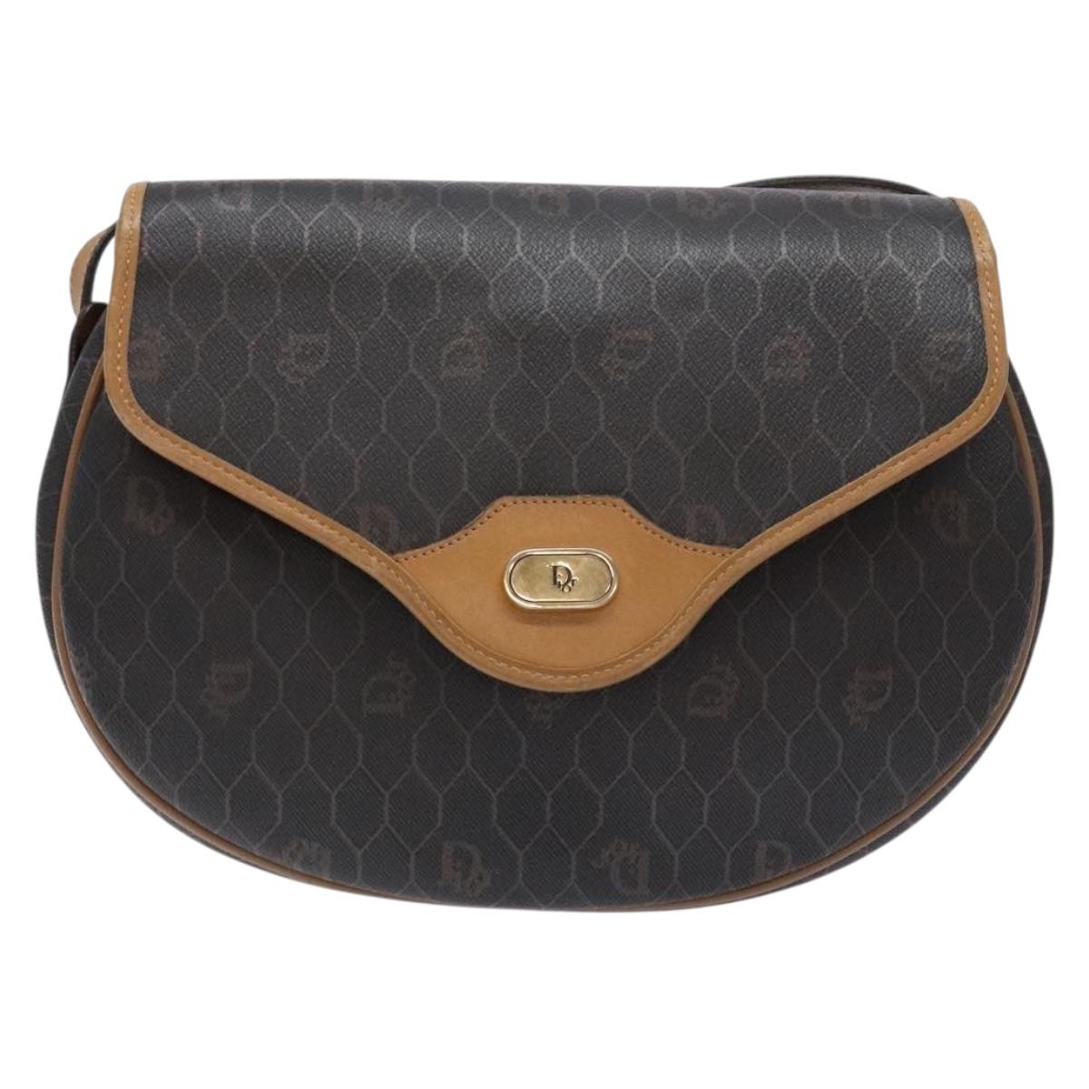 Christian Dior Honeycomb Canvas Shoulder Bag PVC Black Gold Auth BA4382