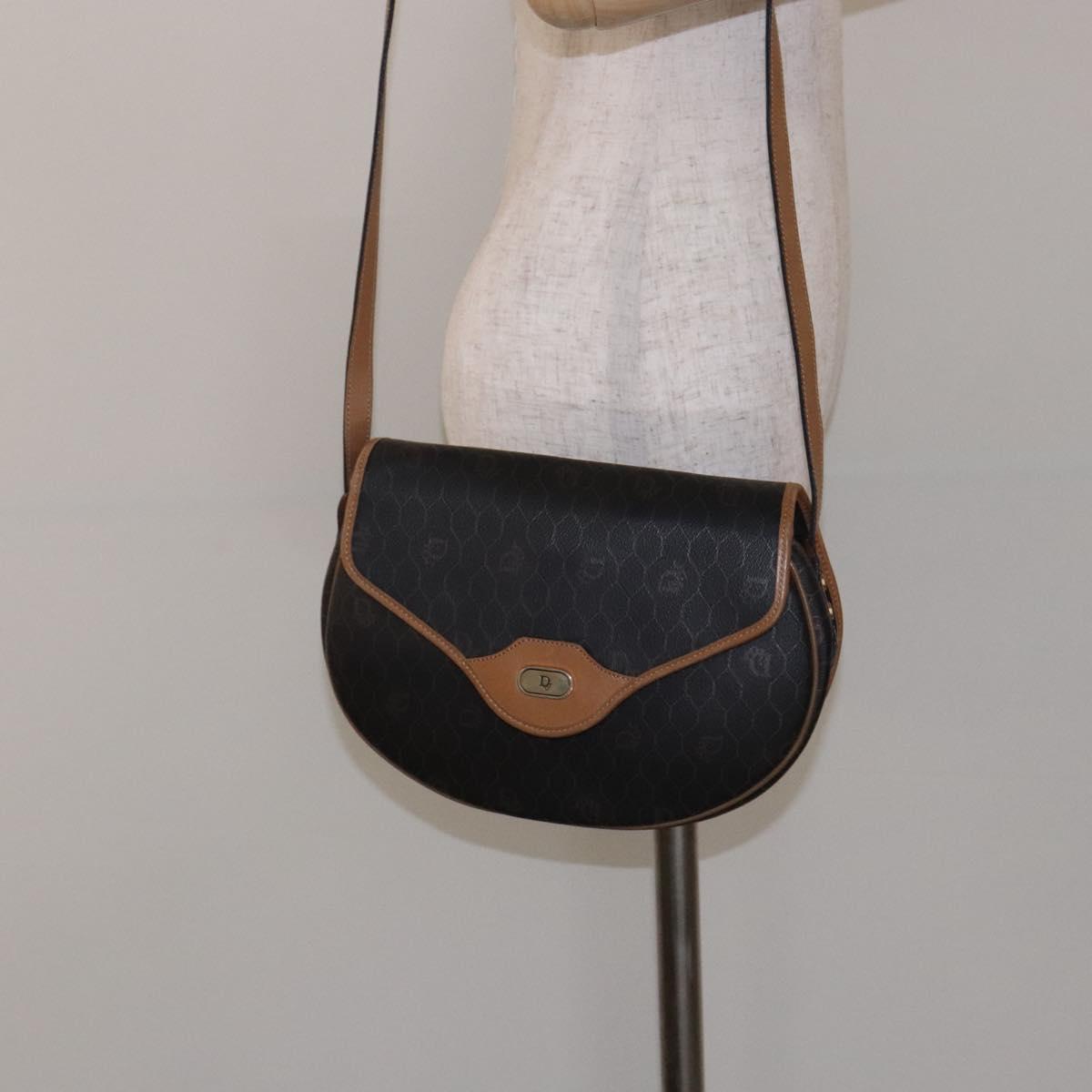 Christian Dior Honeycomb Canvas Shoulder Bag PVC Black Gold Auth BA4382