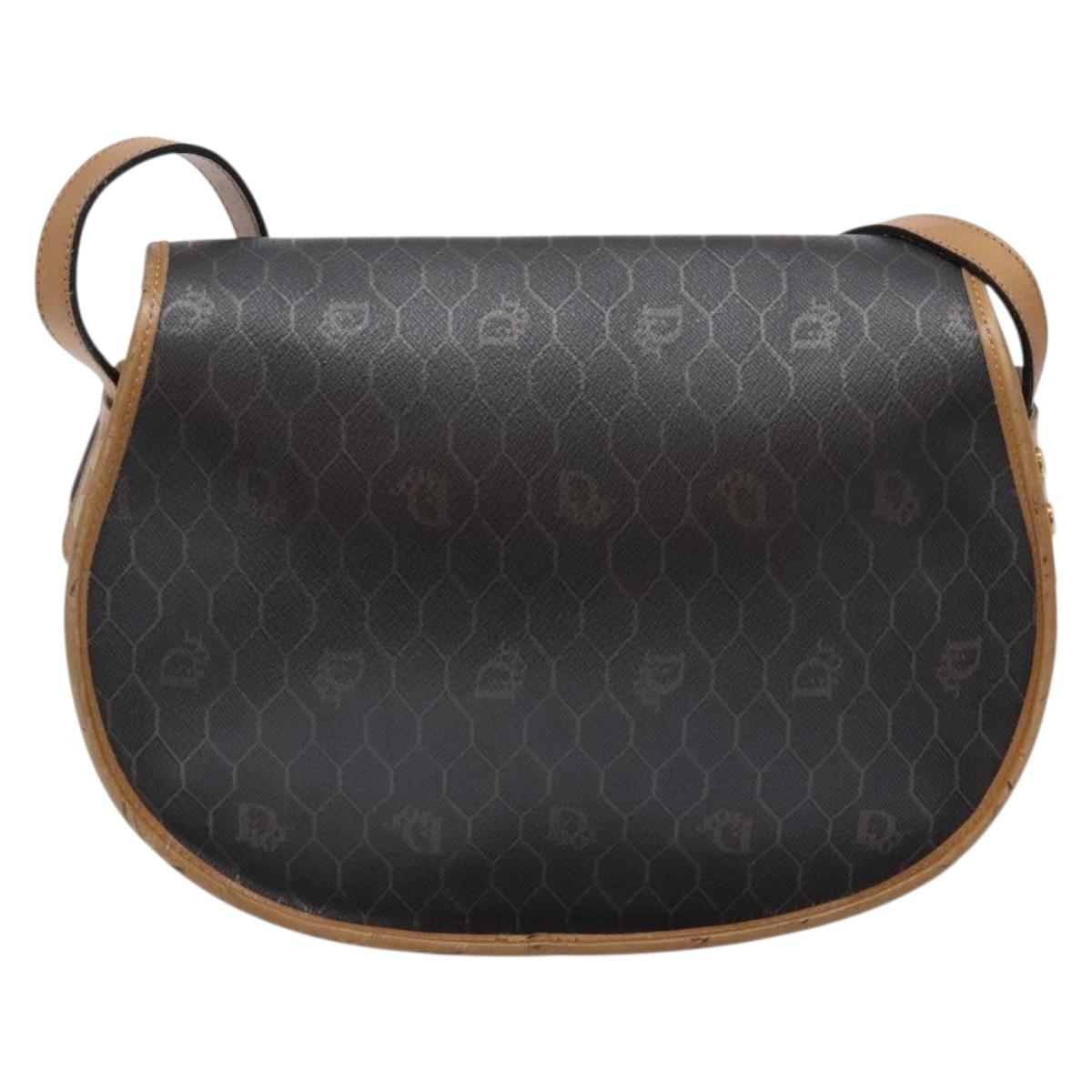 Christian Dior Honeycomb Canvas Shoulder Bag PVC Black Gold Auth BA4382