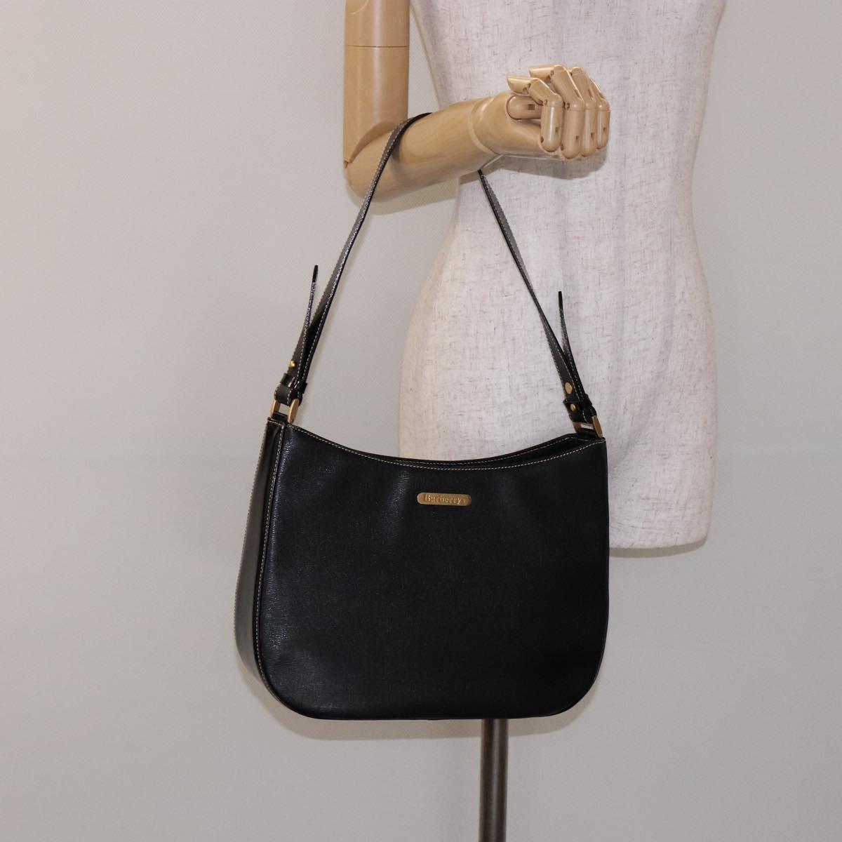 Burberrys Shoulder Bag Leather Black Gold Auth BA4394