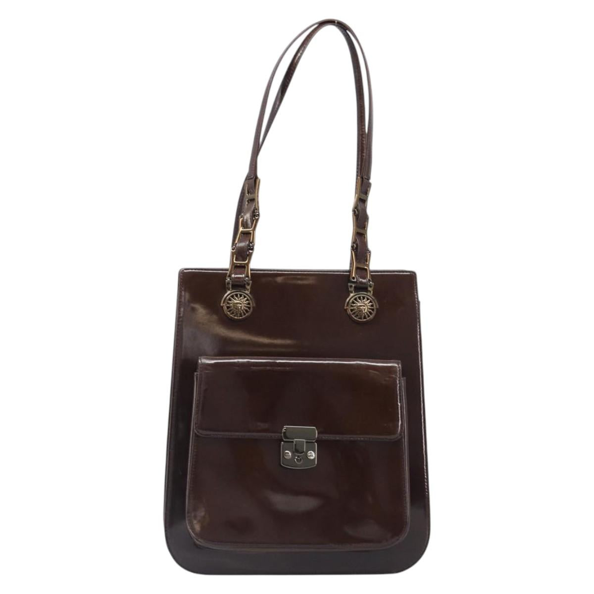 VERSACE Shoulder Bag Patent Leather Brown Gold Auth BA4407