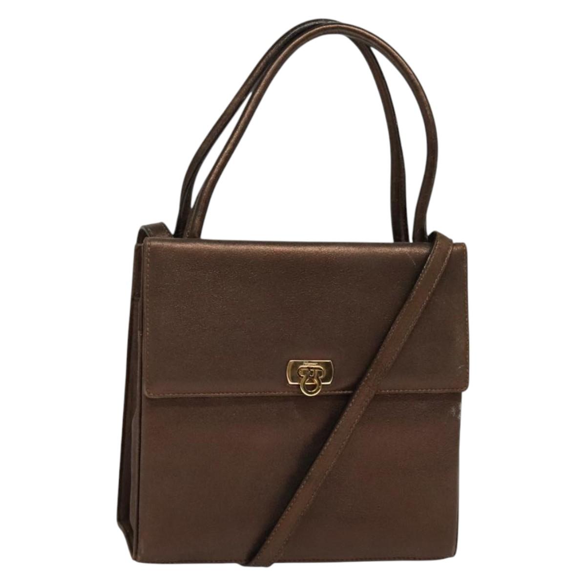 Salvatore Ferragamo Gancini Hand Bag Leather 2way Brown Gold Auth BA4475