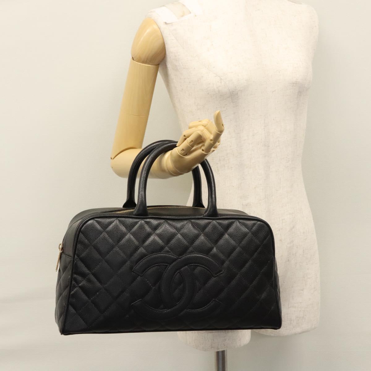 CHANEL Matelasse Hand Bag Caviar Skin Black Gold CC Auth BA451SAM
