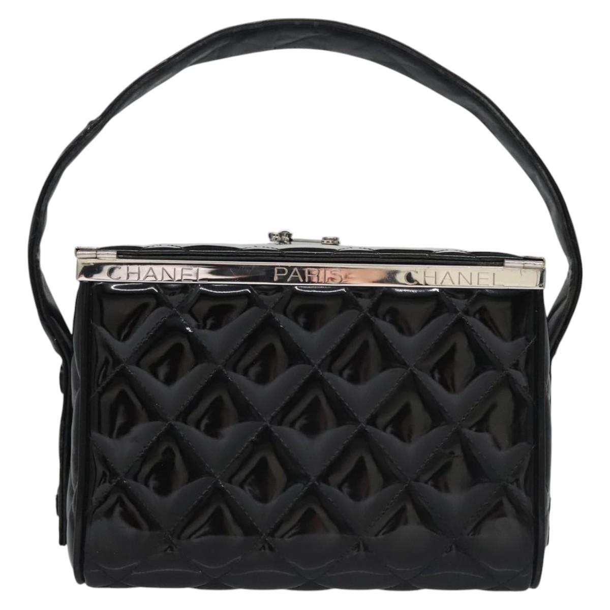 CHANEL Matelasse Hand Bag Patent leather Black CC Auth BA452AV